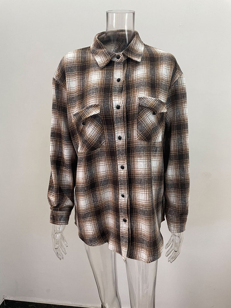 Plaid Shirt Women Spring Mid-length Loose Blouse Turndown Collar Shirt Clothing - Minihomy