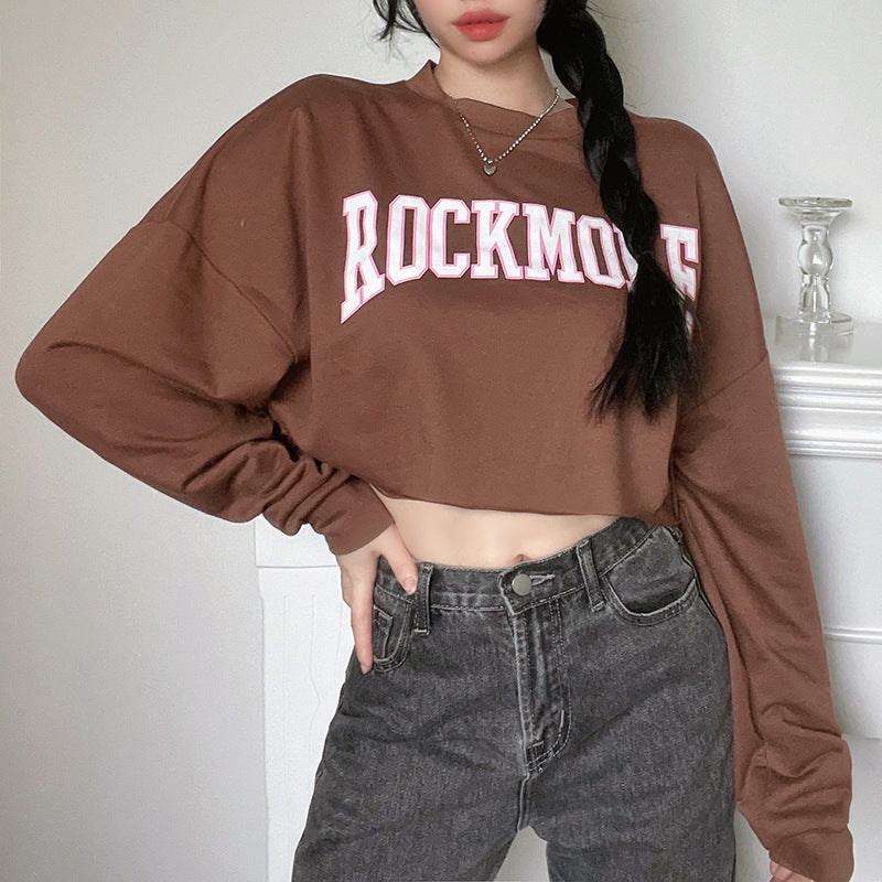 Harajuku Letter Printed Brown Cropped Sweatshirt Women Tops - Minihomy