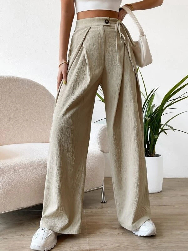 High-Waist Lace-up Patchwork Casual Straight Leg Pants - Minihomy