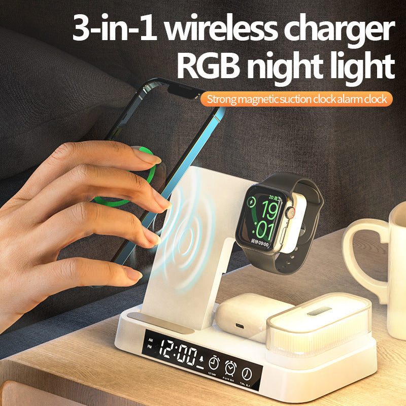 4 In 1 Multifunction Wireless Charger Station With Alarm Clock Display Foldable Stand With RGB Night Light - Minihomy