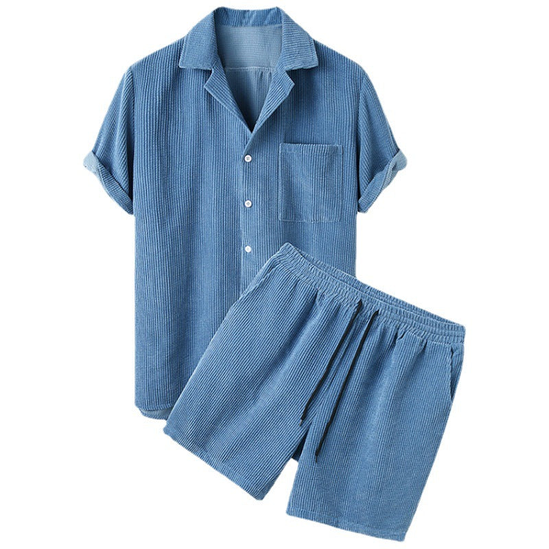 Men's Solid Color Corduroy Casual Shirt Shorts Two-Piece Set - Minihomy