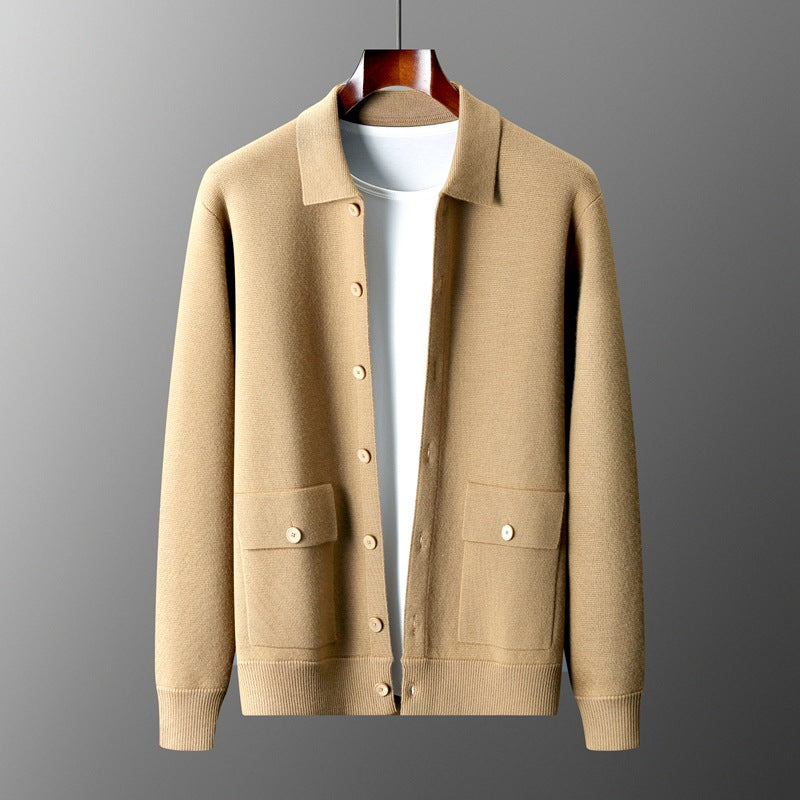 Men's Polo Collar Solid Color Wool Cardigan Autumn Winter Retro Pocket Thick Coat - Minihomy