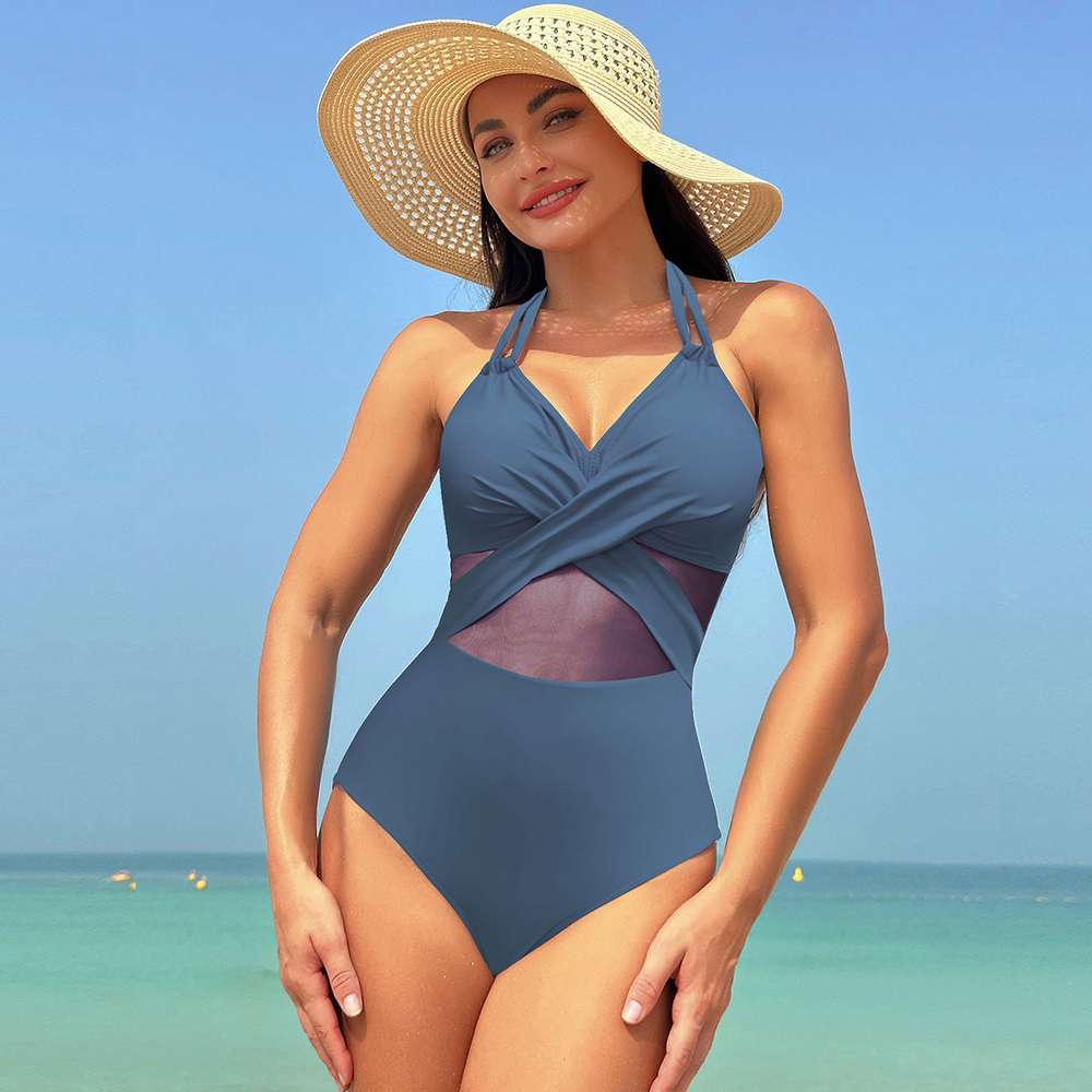 Halter-neck One-piece Swimsuit Summer Solid Color Cross-strap Design Mesh Bikini Beach Vacation Womens Clothing - Minihomy