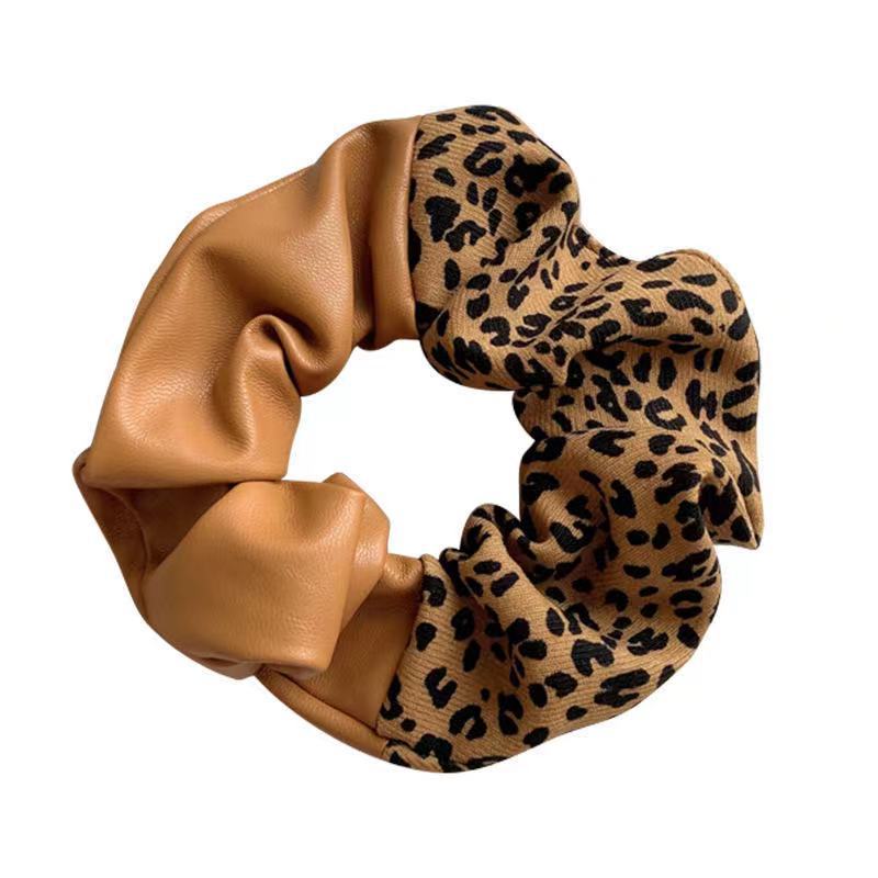 Leopard Print Leather Stitching New Color Block Large Intestine Hair Ring - Minihomy