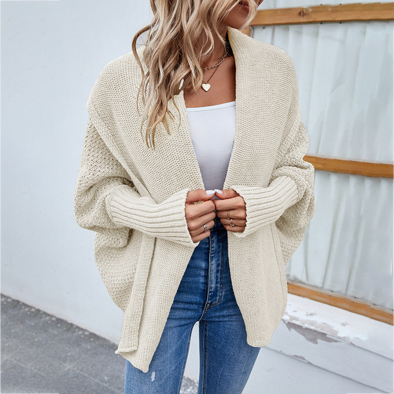 New Loose Knitted Sweater Solid Color Bat Sleeve Large Lapel Cardigan Autumn And Winter Fashion Jacket For Women Clothing - Minihomy