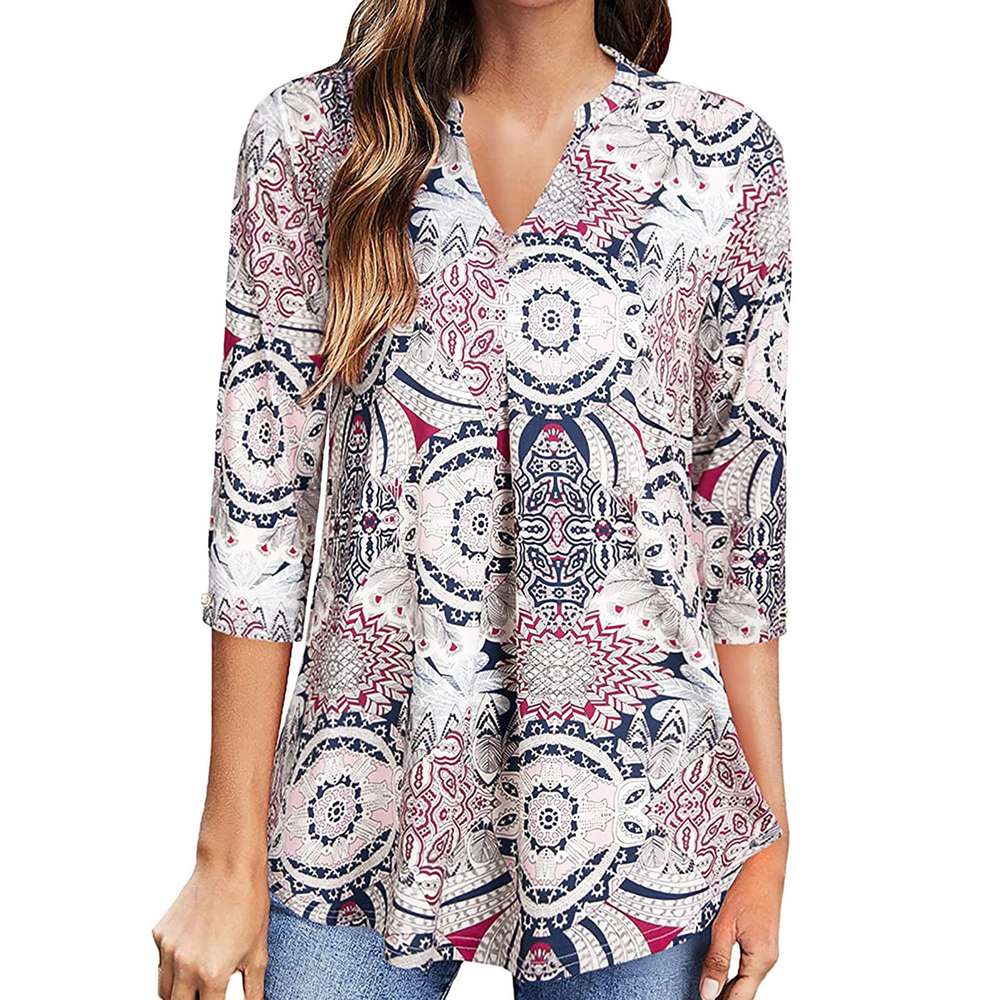 Flowers Print Tops V Neck Long Sleeve Flowers Print Shirt Women Blouse - Minihomy