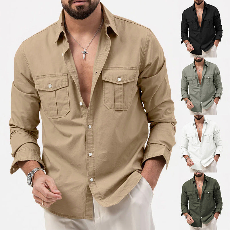 Men Shirt Multi-pocket Solid Color Casual Long Sleeves Top - Minihomy