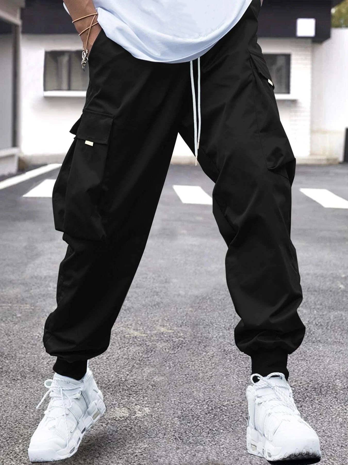 Men Flap Pocket Side Drawstring Waist Cargo Pants - Minihomy