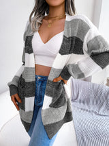 Plaid Sweater Women Casual Lantern Sleeves Cardigan Jacket Outerwear Clothes - Minihomy