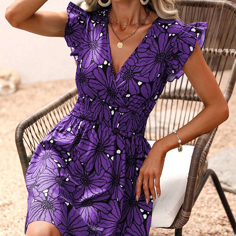 Flowers Print Ruffled Sleeveless Dress Summer Deep V-neck Slim-waist Short Dresses - Minihomy