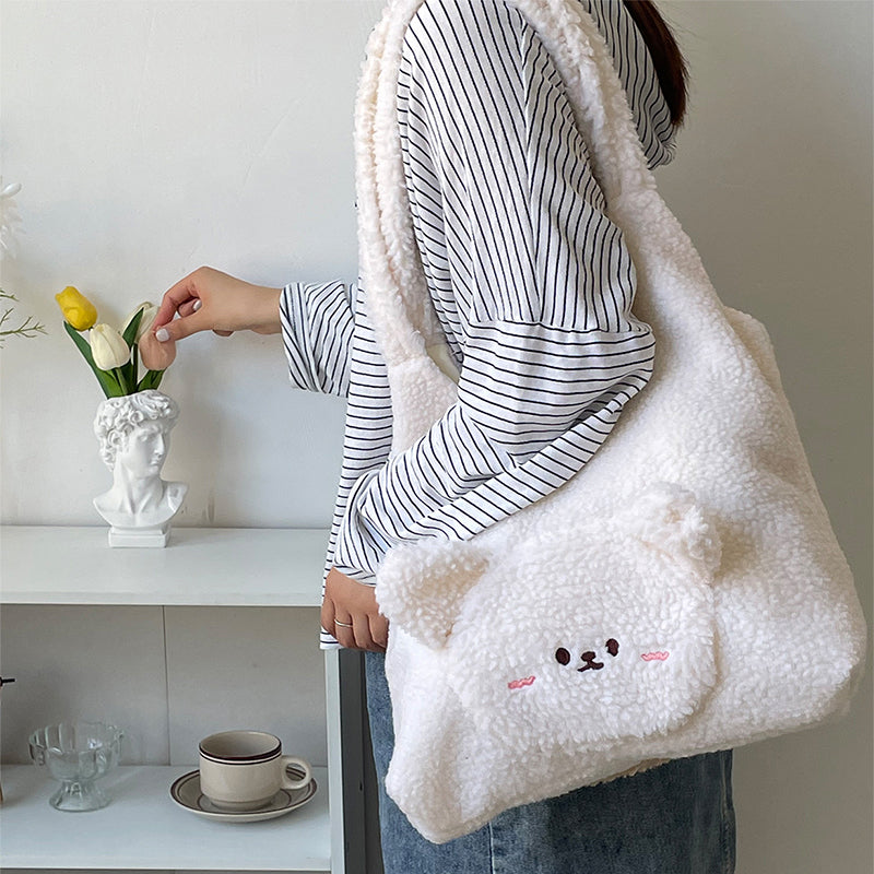 Personalized 3D Cartoon Bear Lamb Wool Shoulder Bag for Women - Minihomy