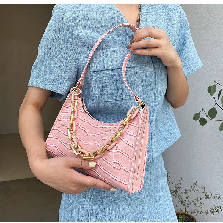 Stone Texture Shoulder Bag With Chain | Women's Underarm Bag