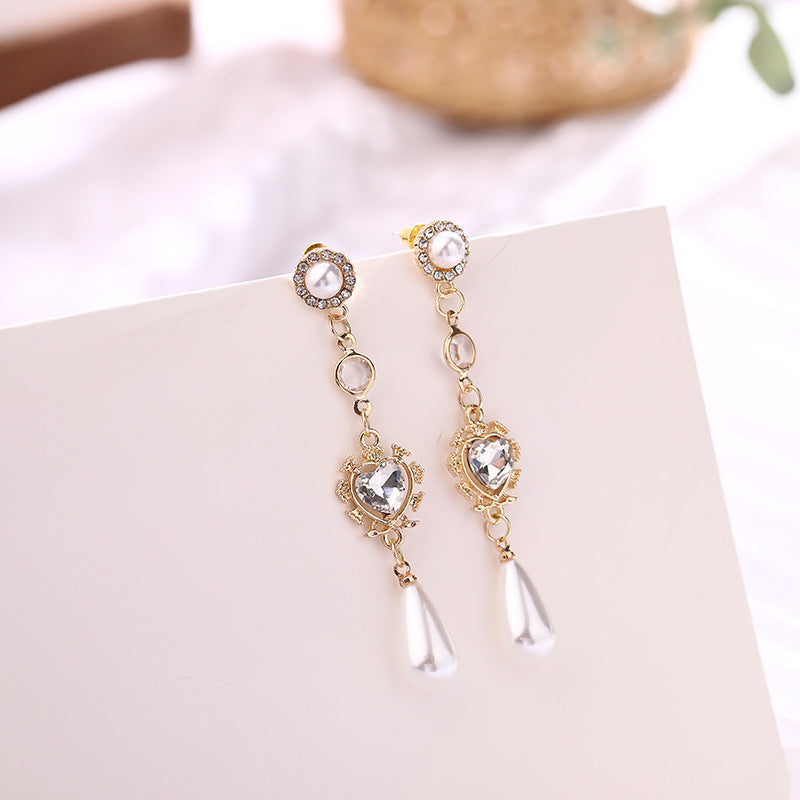 Pearl Earrings Love Rhinestones Long Earrings Women - Minihomy