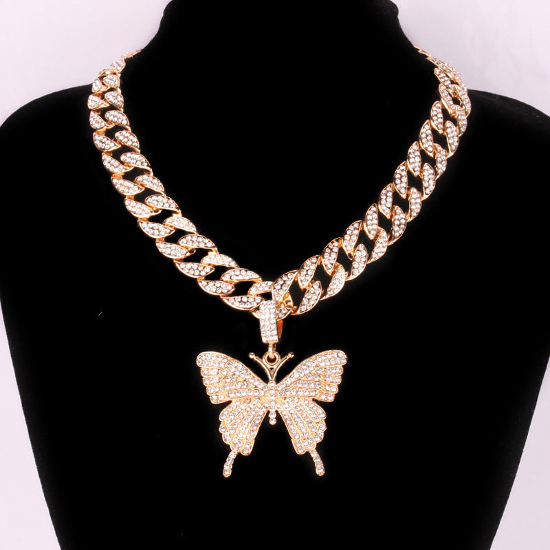 Hip Hop Trend Ins Style Diamond Butterfly Cuban Pull Daikin Clavicle Chain - Minihomy