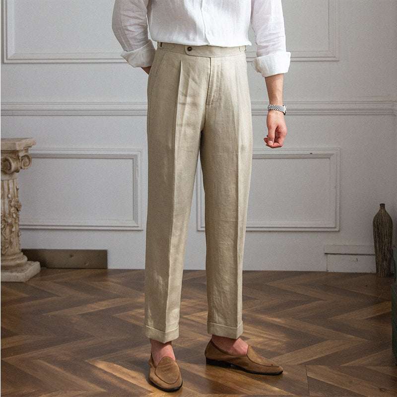 Men's Linen Straight Leg Pants High Waist Trousers Light Casual - Minihomy