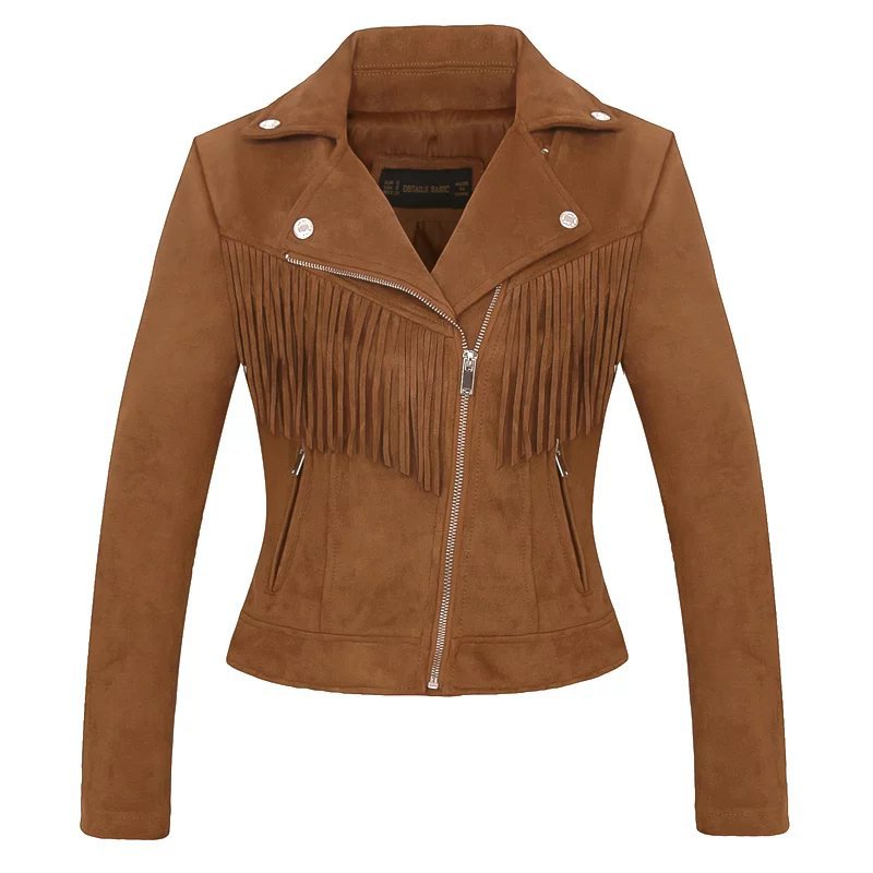 Autumn and winter womens Lapel tassel suede coat leather jacket - Minihomy