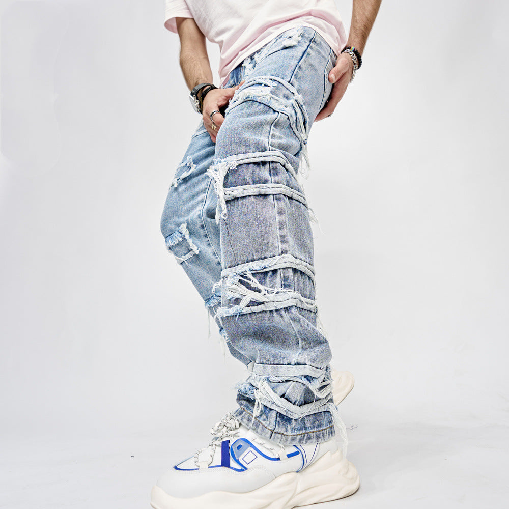 High Street Trousers - Men's Full-Length Patched Straight Fit Hip Hop Jeans - Minihomy