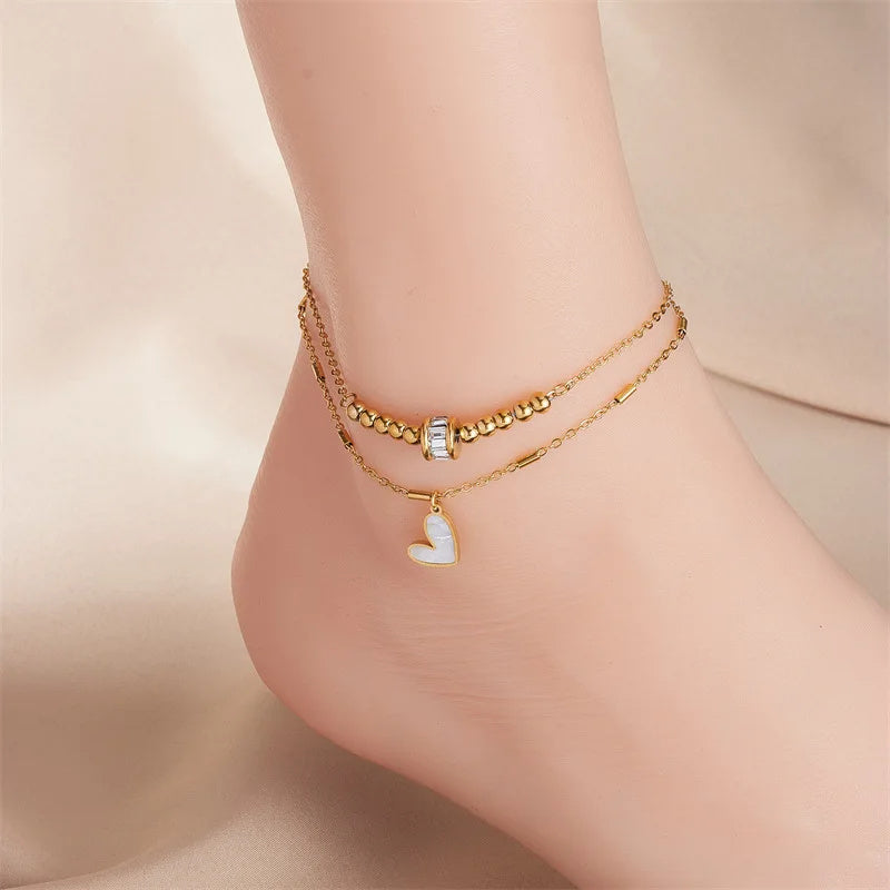 Boho Ankle Chain for Women - Double Layer Heart Charm Tassel Leg Chain Bracelet - Minihomy