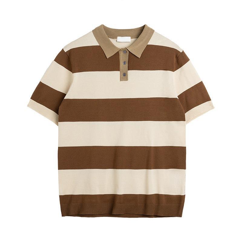 Lightly Mature Knitted Polo Shirt Casual Striped Short Sleeve - Minihomy