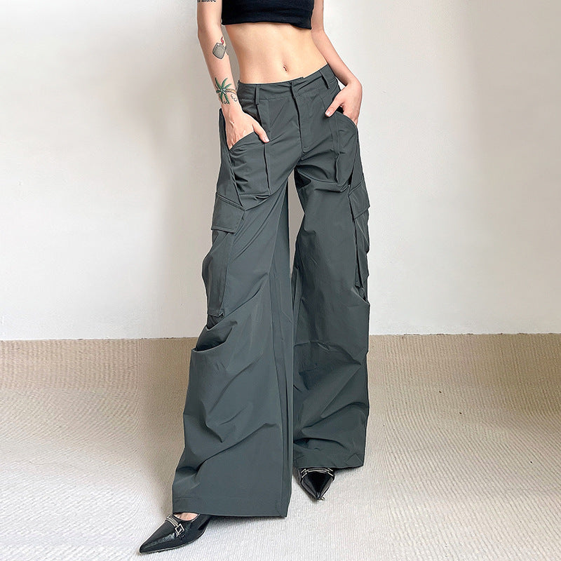 Crumpled Design Irregular Pockets Loose Wide Leg Trousers - Casual Mopping Pants - Minihomy