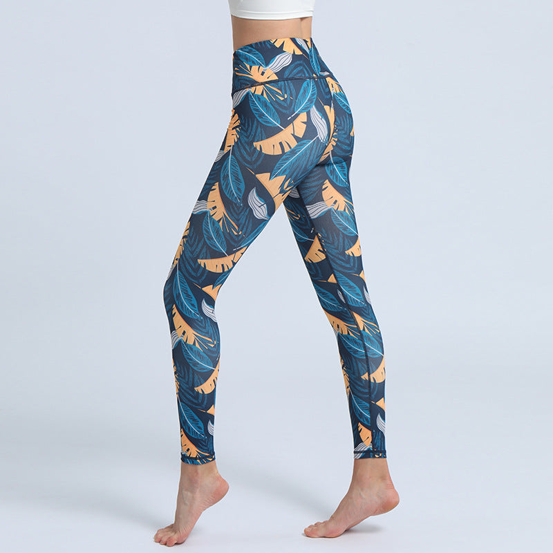 Leaves Printed Yoga Pants Women's High Waist Hip Lifting Leggings - Minihomy