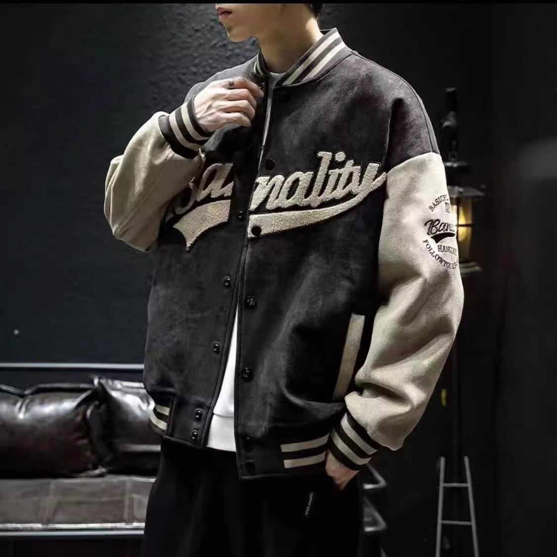 Men's Suede Baseball Jacket - Vintage Letter Embroidery Patchwork Coat for Men - Minihomy