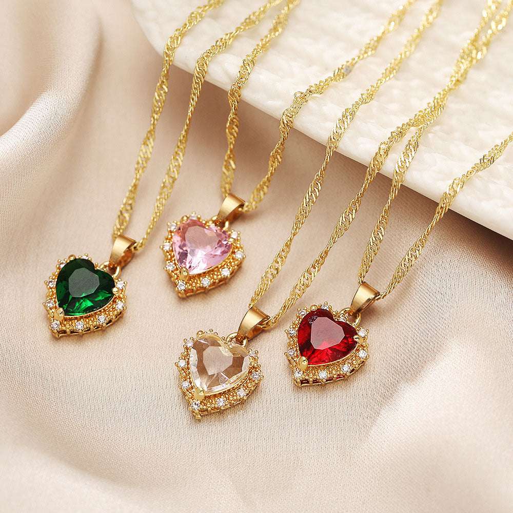 Colorful Rhinestones Heart-shaped Necklace - Love Gold Clavicle Chain - Minihomy