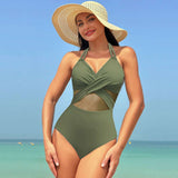 Halter-neck One-piece Swimsuit Summer Solid Color Cross-strap Design Mesh Bikini Beach Vacation Womens Clothing - Minihomy