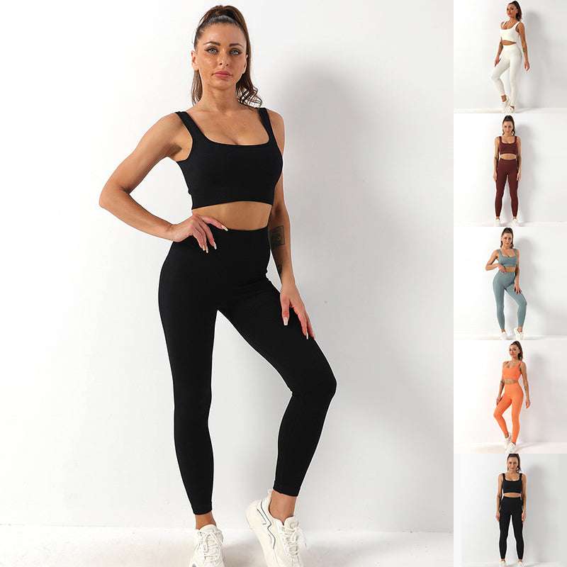 2pcs Thread Yoga Suit Seamless Bra And Butt Lifting High Waist Leggings Set - Minihomy