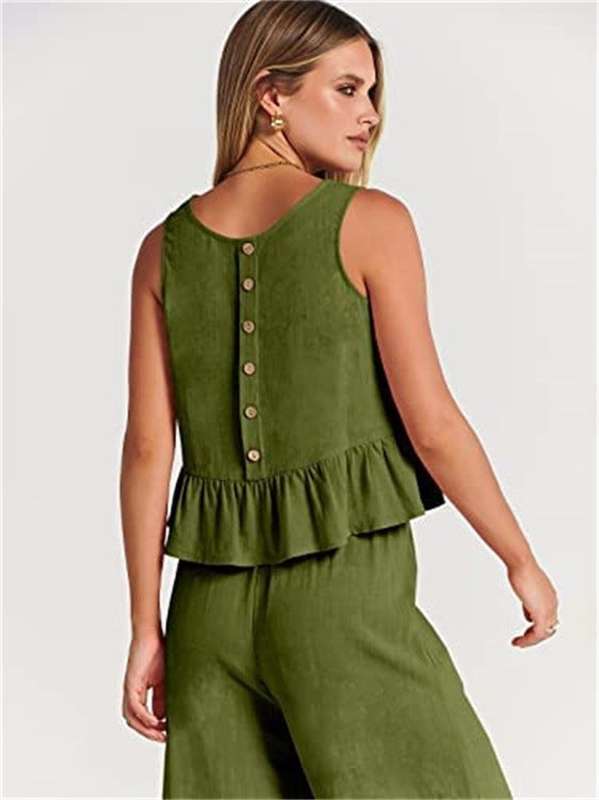 Casual Suit Summer Sleeveless Pleated Vest And Wide-leg Cropped Pants Two Piece Sets - Minihomy