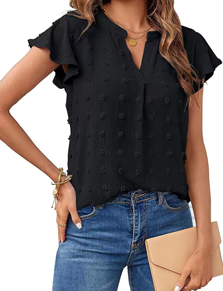 Women's Summer V Neck Ruffle Short Sleeve Blouse - Dot Flowy Shirt Top