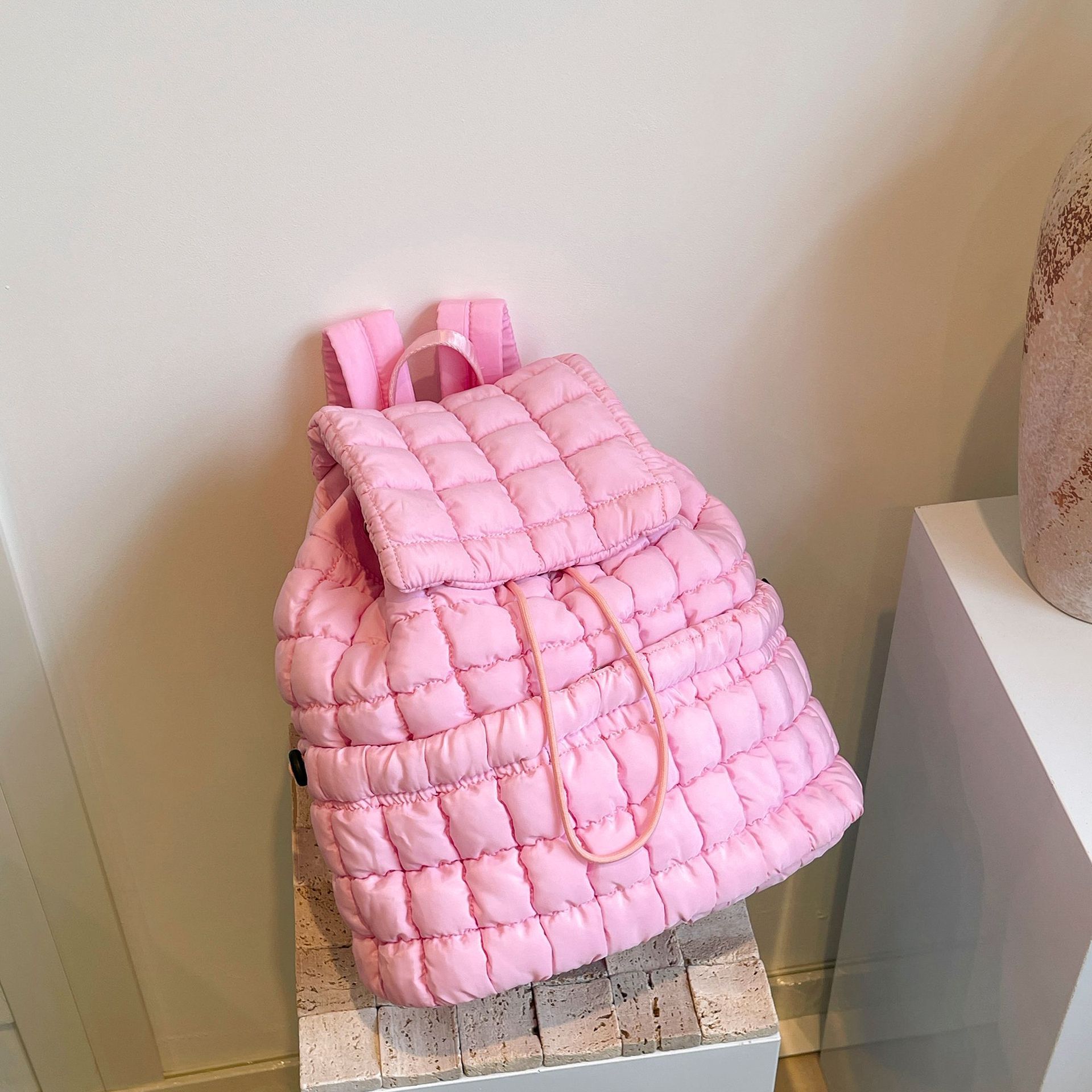 Candy Color Quilted Women Backpack Puffy Down Padded School Bag Large Cotton Travel Back Pack Bags For Women Plaids Shoulder Bag - Minihomy