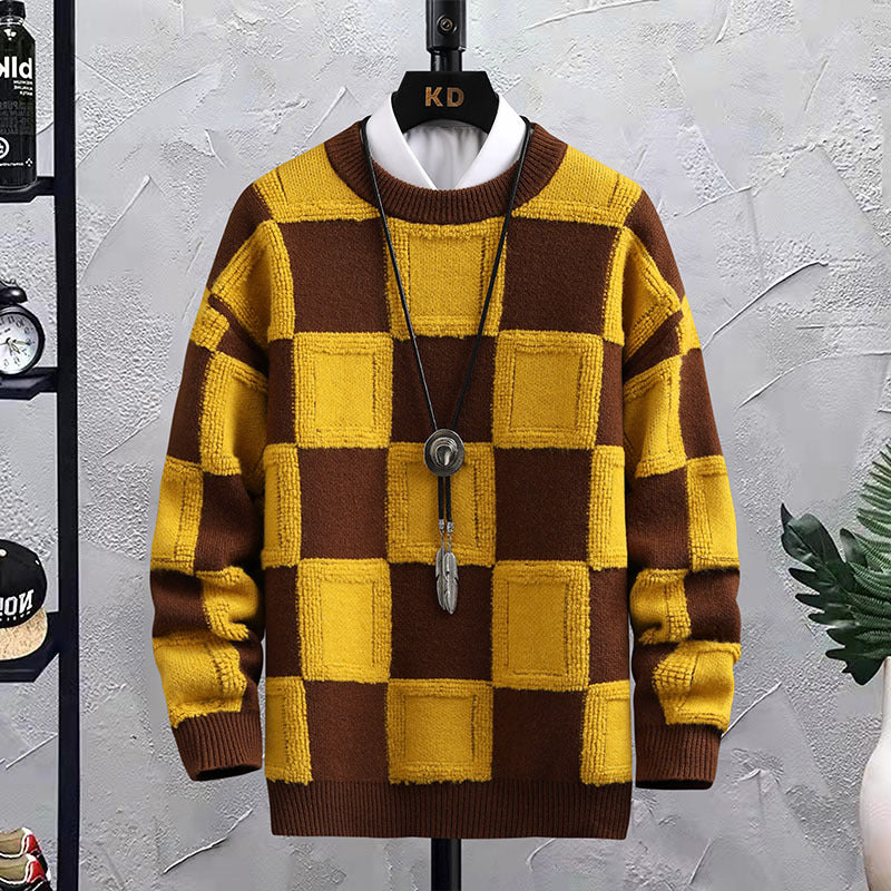 Men's Trendy Plaid Round Neck Sweater Loose - Minihomy