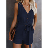 Women Playsuit Summer V Neck Sleeveless Button Belt Bow Casual Jumpsuit