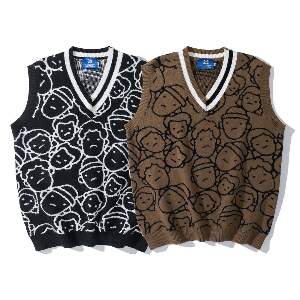 Knit Sweater Couple Printing Sleeveless Sweater Men: Vintage Comfort for Every Season - Minihomy