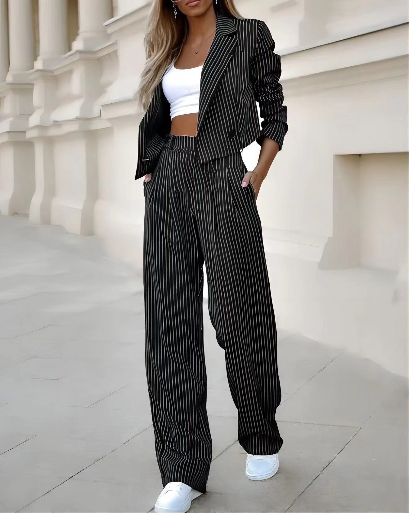 Women's Striped Casual Suit: Cropped Blazer & Pants Outfit