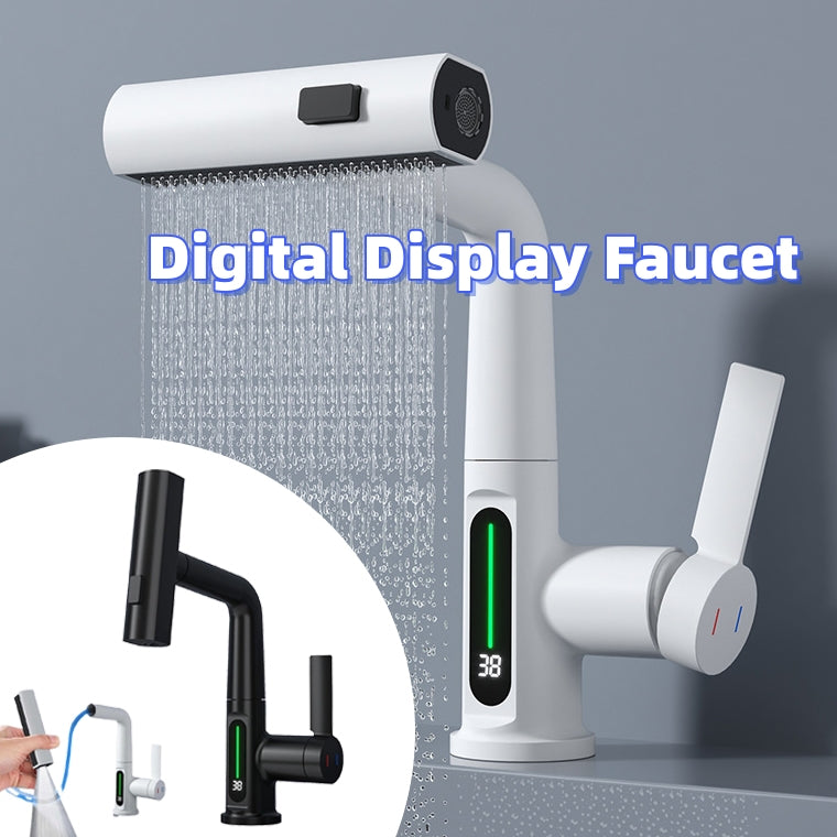 Intelligent Digital Display Faucet - 3-in-1 Swiveling Waterfall Kitchen Tap with LED Temperature Display - Minihomy