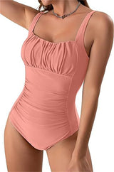 Neck One-piece Bikini Summer New Solid Color Pleated Design Swimsuit Beach Vacation Womens Clothing - Minihomy