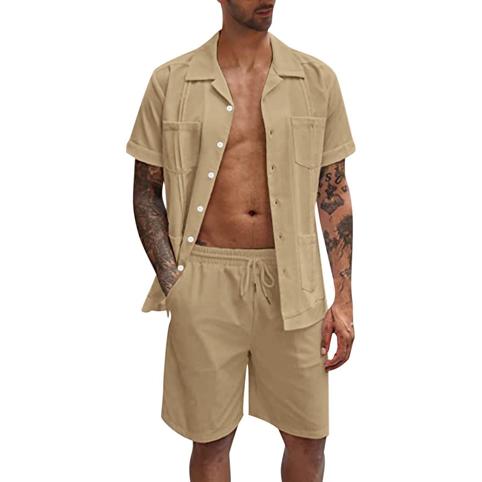 Summer Sports Short Sleeve Shorts Set - Linen Loose Casual Men's Shirt Set