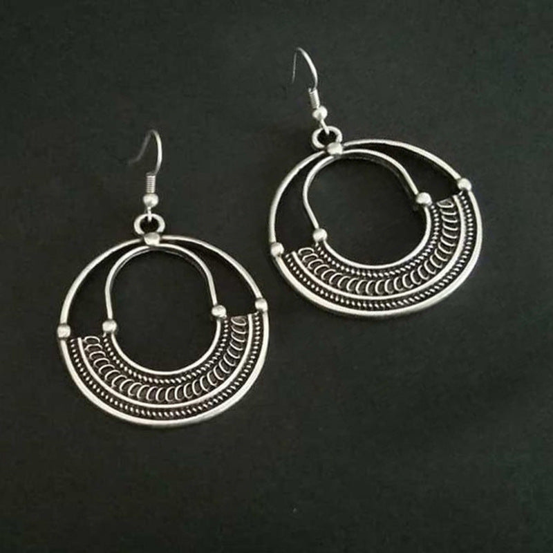 Geometric Round Hollow Antique Silver Earrings: European & American Trend - Minihomy