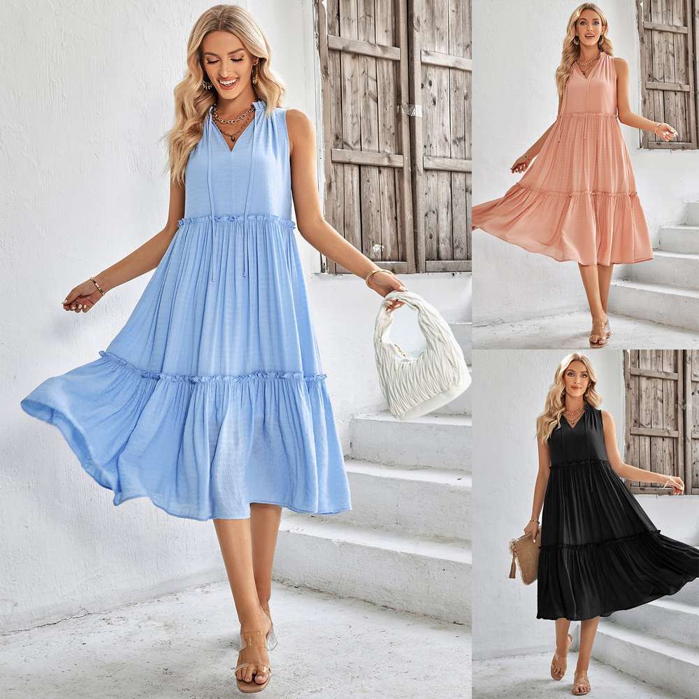 Casual V-neck Sleeveless Fresh Summer Loose Dress for Women - Minihomy