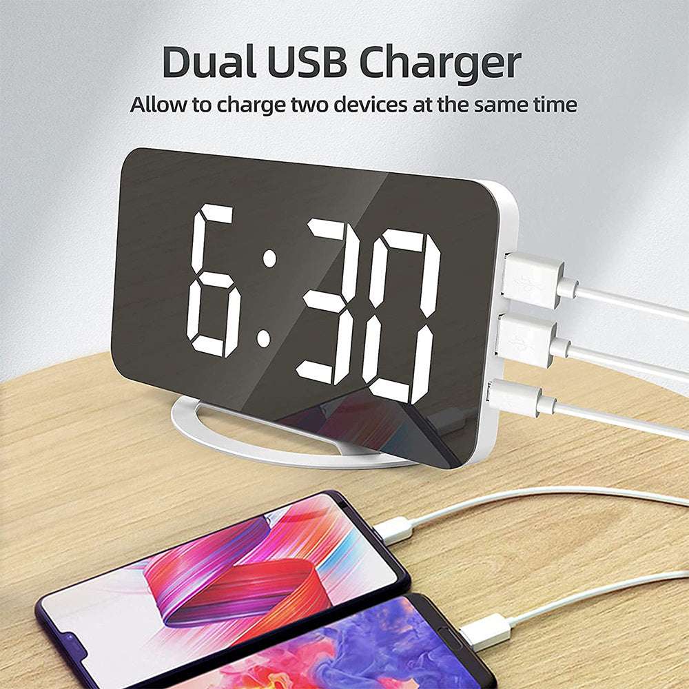 Digital Mirror Clock Dual USB Brightness Adjustable LED Display Table Alarm Dual USB Snooze Time Display For Home Office Bedroom - Minihomy