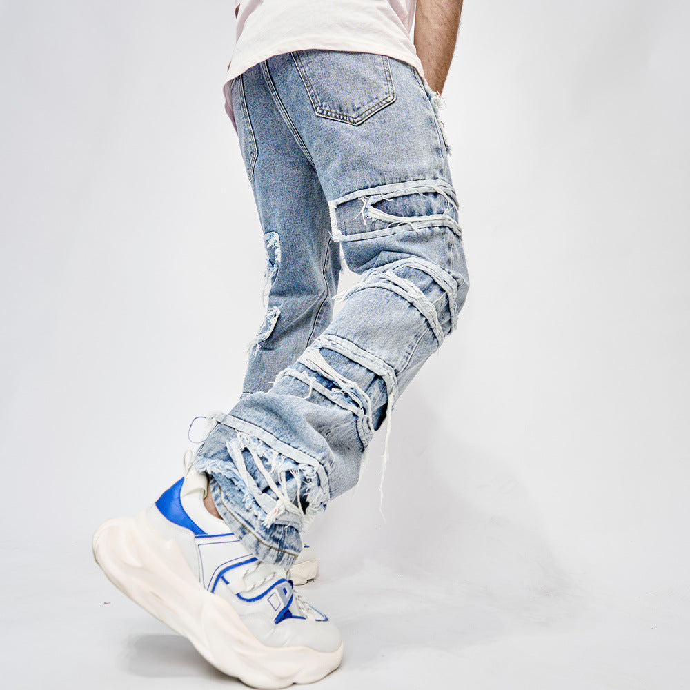 High Street Trousers - Men's Full-Length Patched Straight Fit Hip Hop Jeans - Minihomy