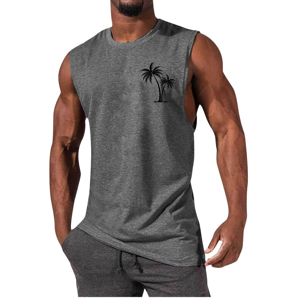 Coconut Tree Embroidery Vest - Summer Beach Tank Tops Workout Muscle Men Sports Fitness T-shirt - Minihomy