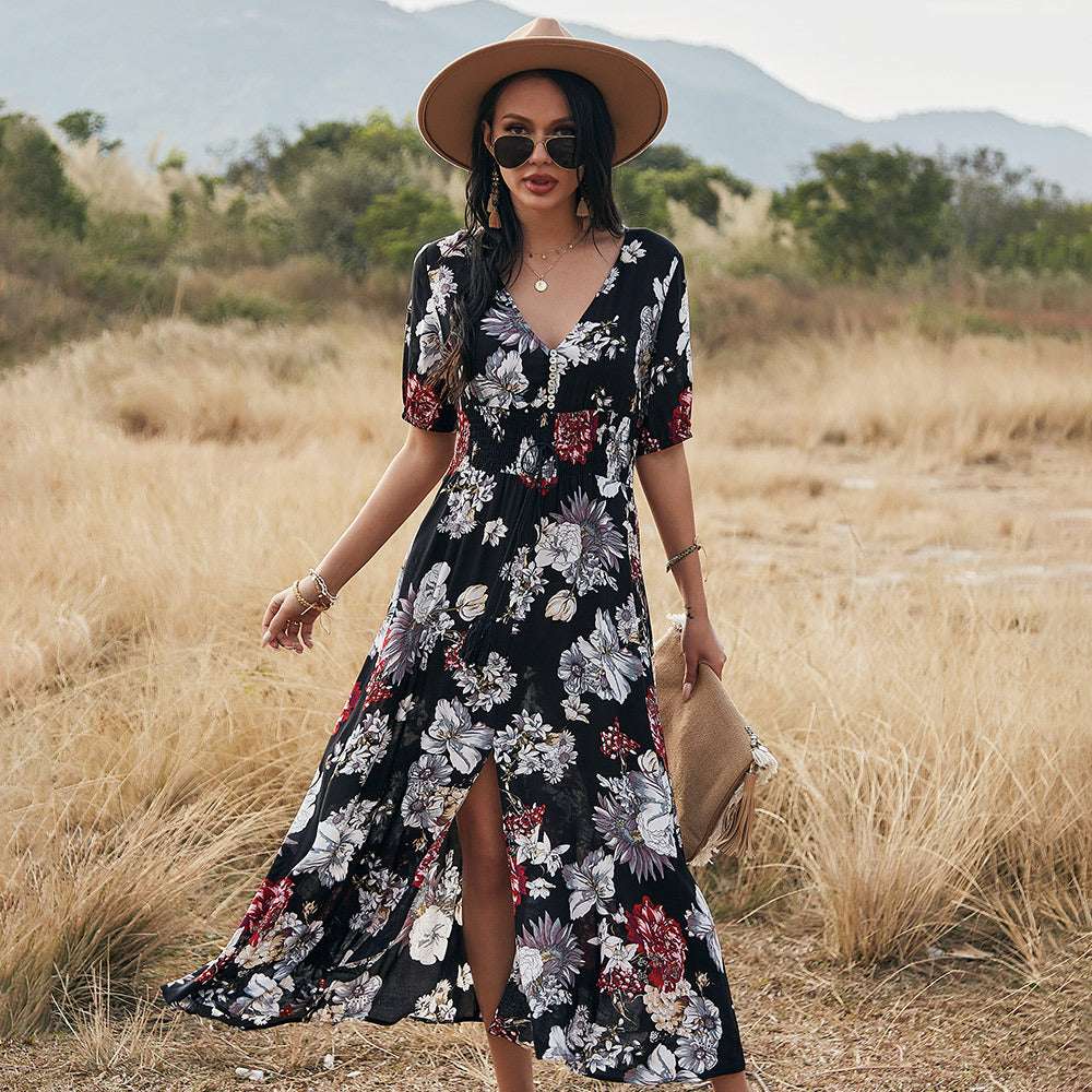 Floral Summer Beach Dress With V Neck Elastic Waist Dresses For Women - Minihomy