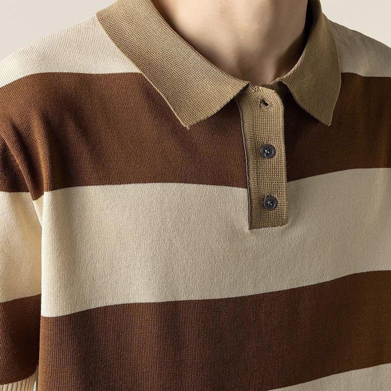 Lightly Mature Knitted Polo Shirt Casual Striped Short Sleeve - Minihomy