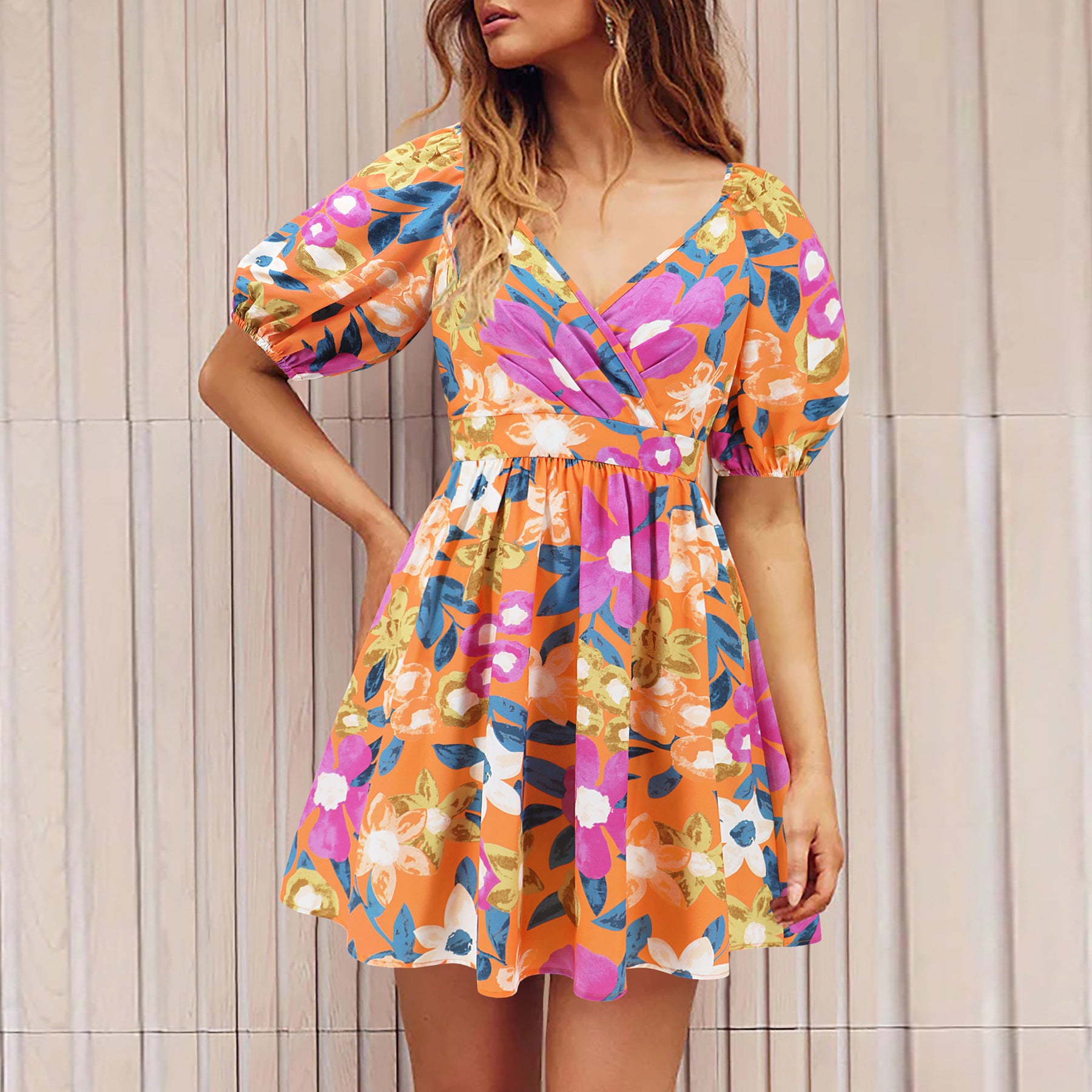 Women's V-Neck Lantern Sleeve Floral Print Summer Beach Dress - Y2K Fashion