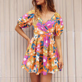 Women's V-Neck Lantern Sleeve Floral Print Summer Beach Dress - Y2K Fashion