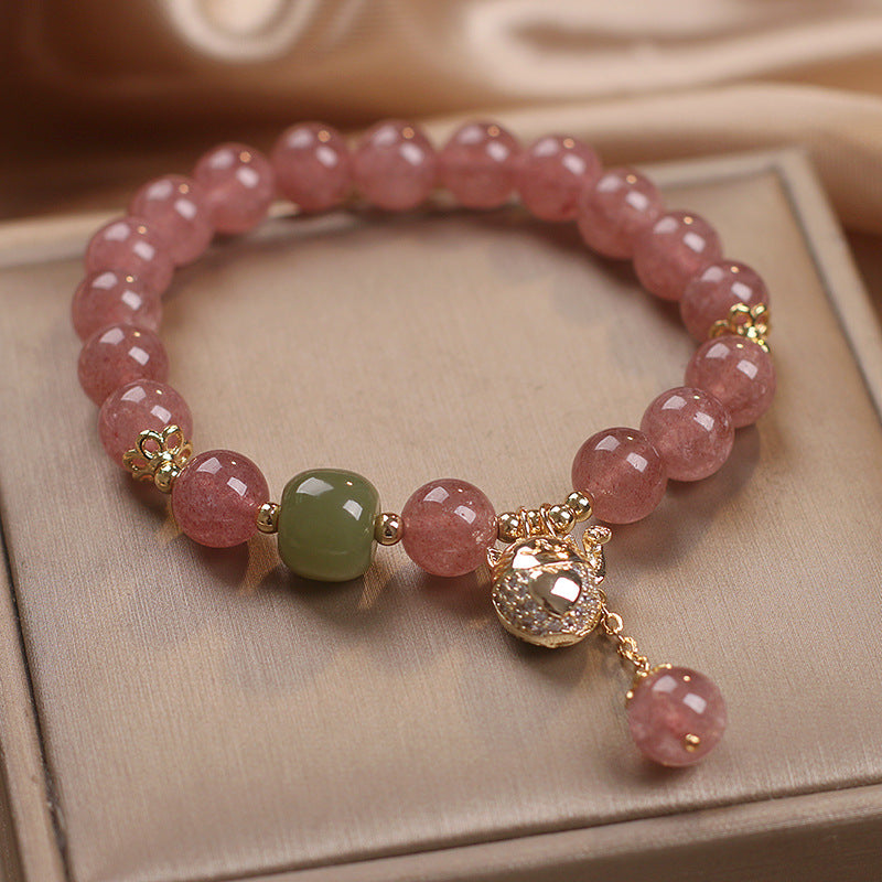 Natural Strawberry Quartz Lucky Cat Beaded Bracelet - Minihomy