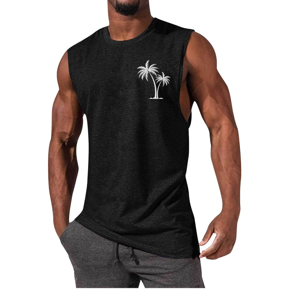 Coconut Tree Embroidery Vest - Summer Beach Tank Tops Workout Muscle Men Sports Fitness T-shirt - Minihomy